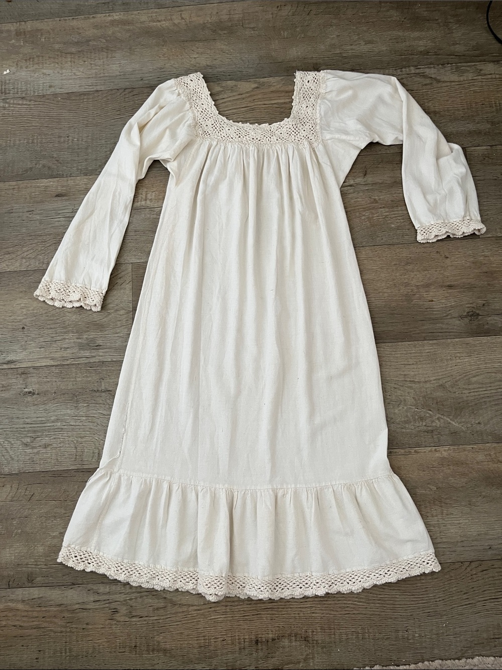 Vintage Dress Cream Crochet Trim Peasant Midi Dress 100% Cotton Purchased  1976